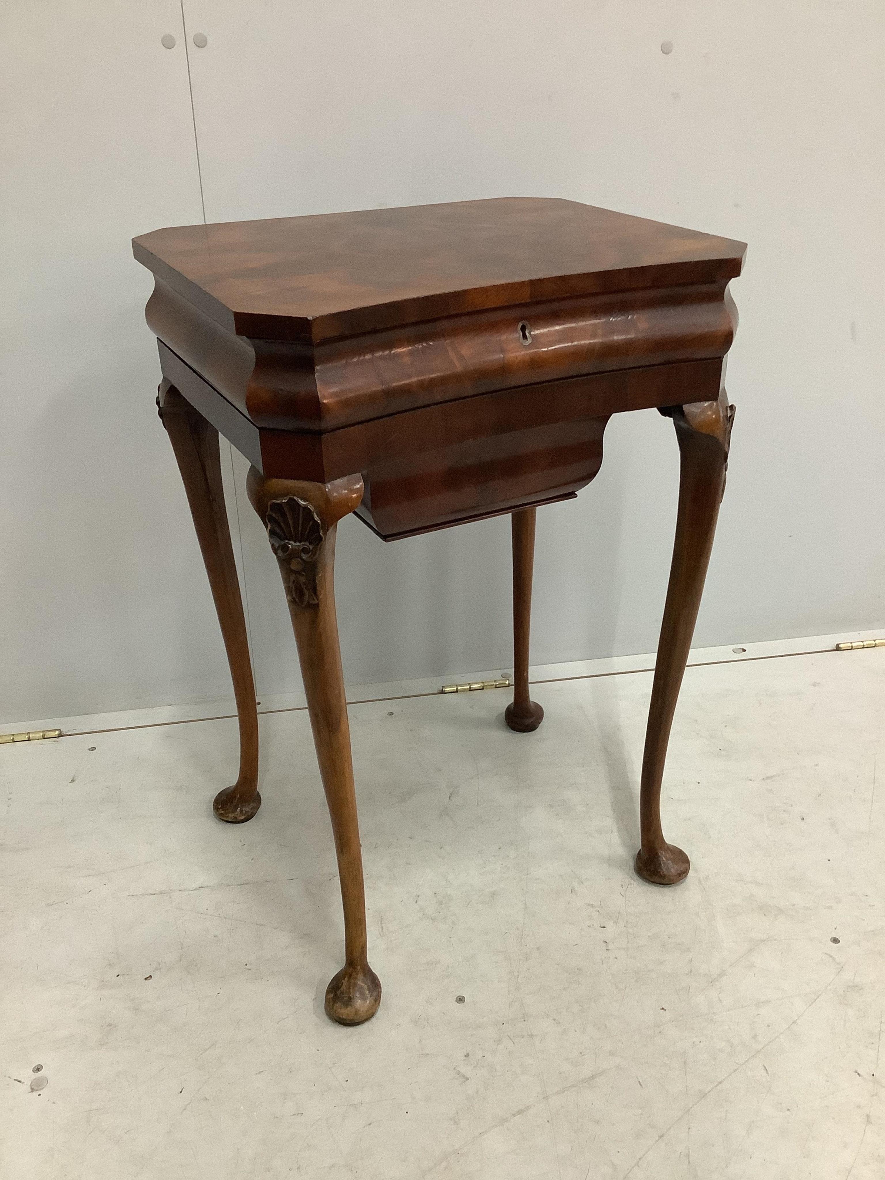 A Queen Anne Revival mahogany and beech concave front work table, width 50cm, depth 40cm, height 74cm. Condition - fair